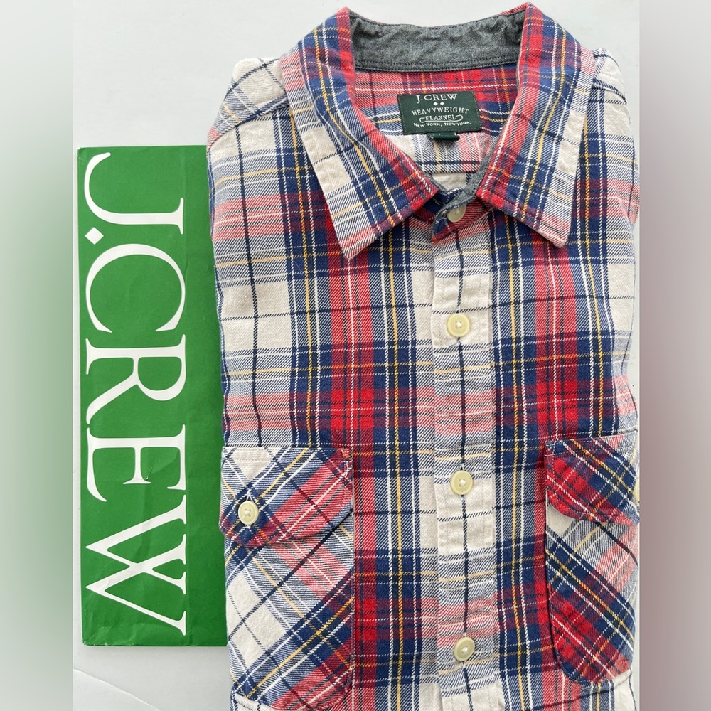 J. Crew men’s Heavyweight PERFECT plaid flannel shirt sz large- Red, Blue, White